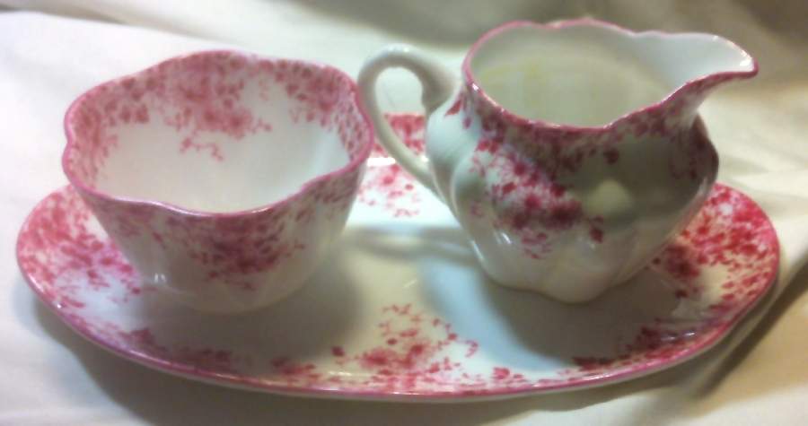 Dainty Pink Individual Creamer & Open Sugar W/Tray by Shelley-1
