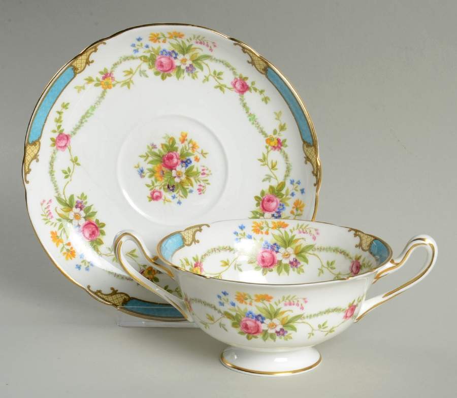 Dubarry Blue Footed Cream Soup Bowl & Saucer Set by Shelley-1