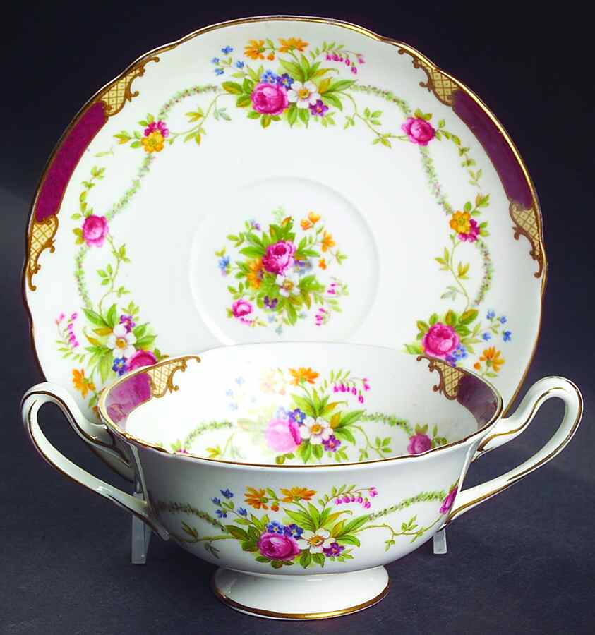 Dubarry Maroon Footed Cream Soup Bowl & Saucer Set by Shelley-1