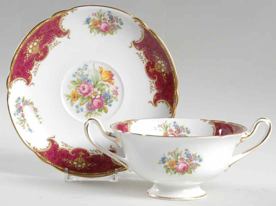 Duchess Red Footed Cream Soup Bowl & Saucer Set by Shelley-1