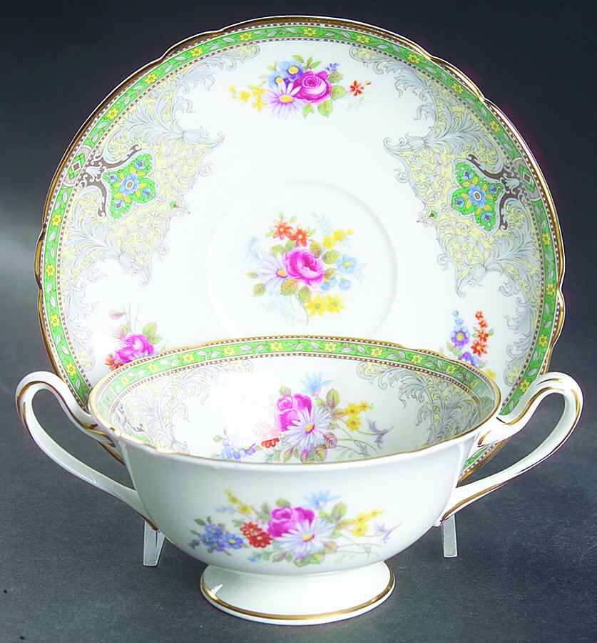 Georgian Green Footed Cream Soup Bowl & Saucer Set by Shelley-1