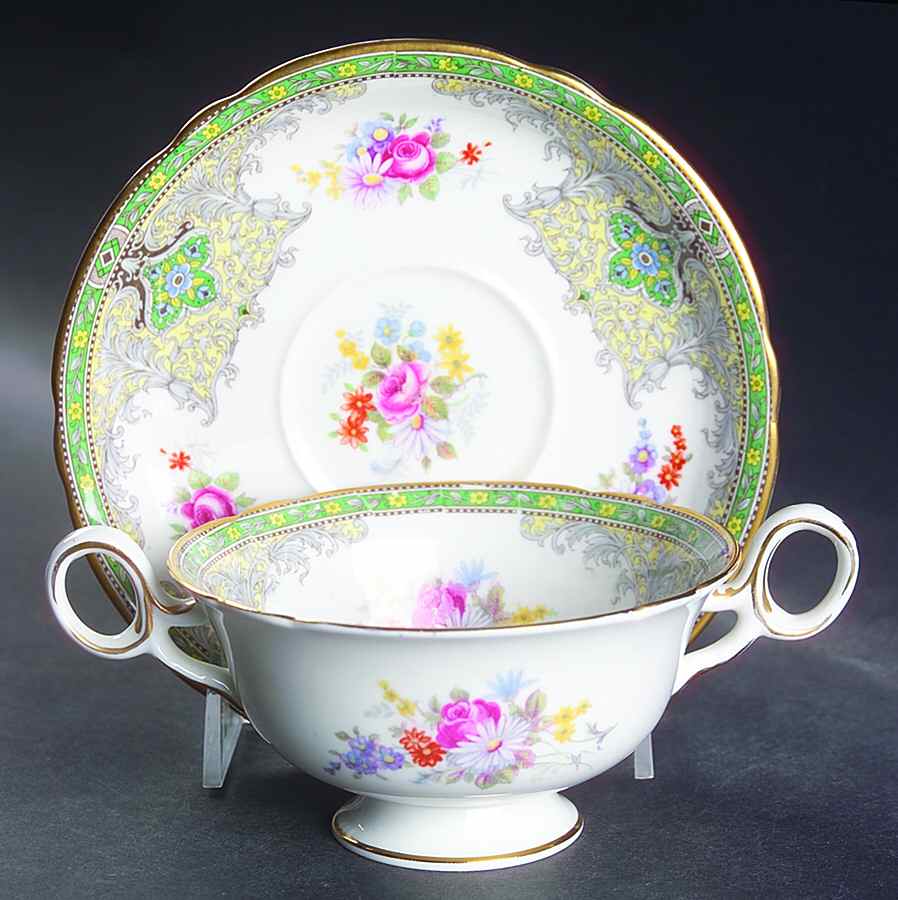 Georgian Green Footed Cream Soup Bowl & Saucer Set by Shelley-1