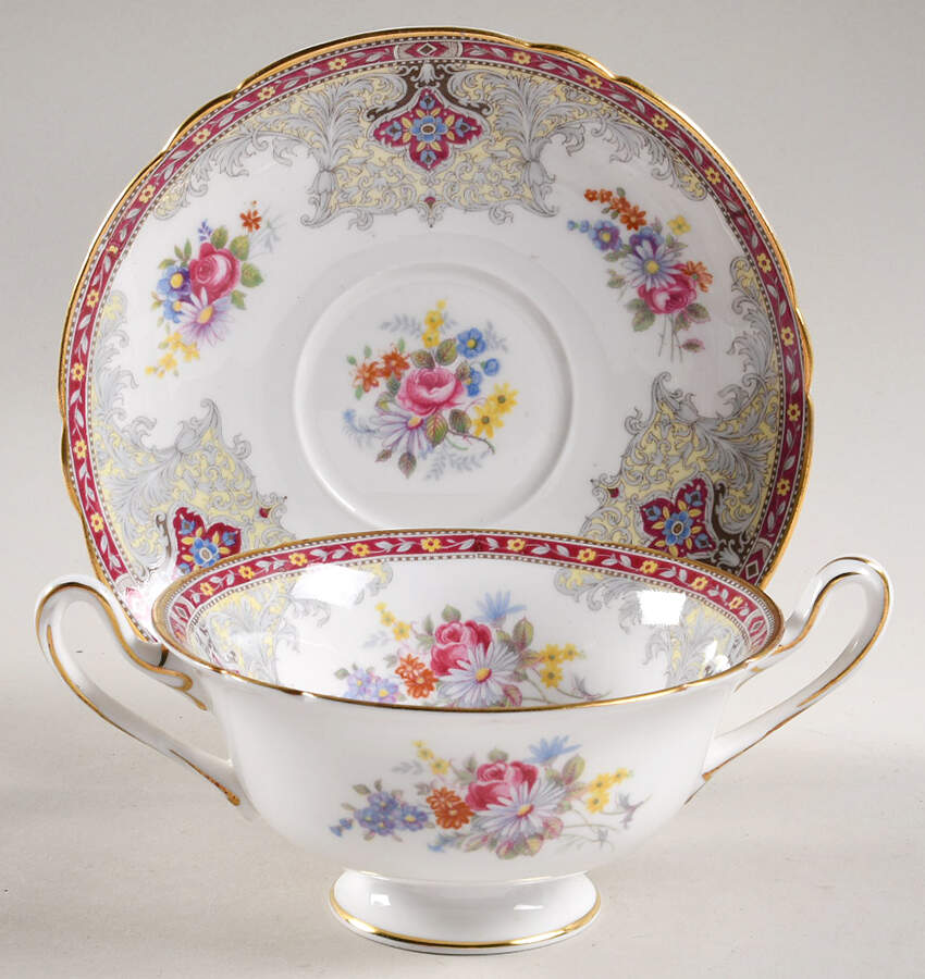 Georgian Red Footed Cream Soup Bowl & Saucer Set by Shelley-1