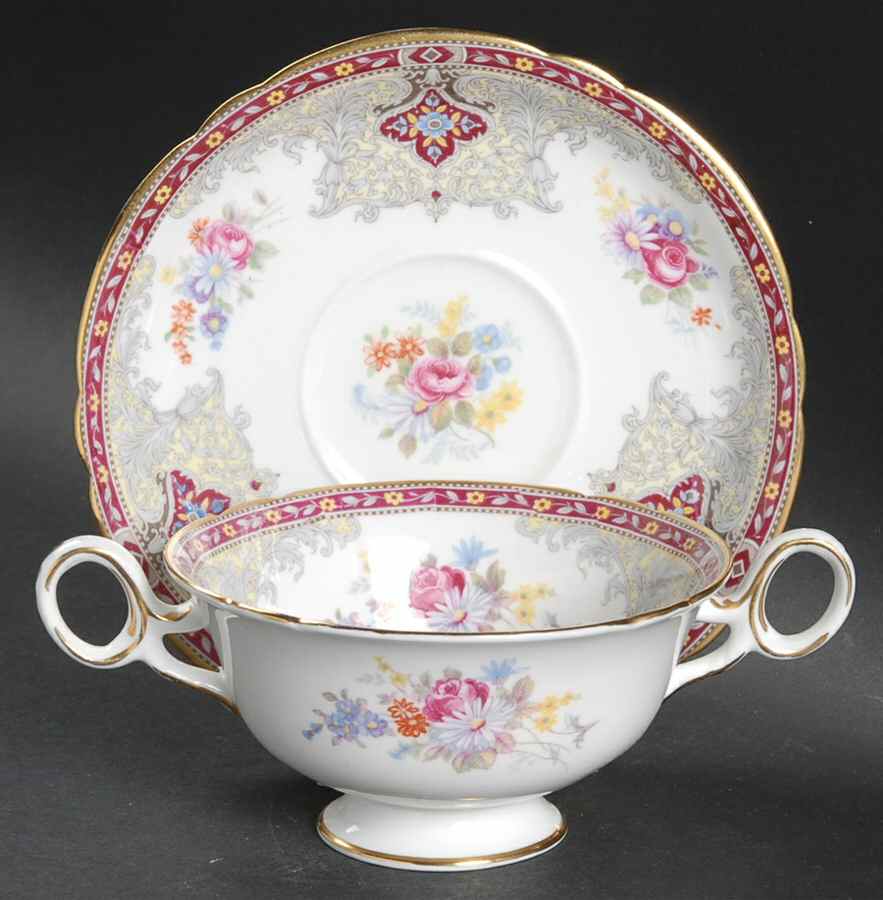 Georgian Red Footed Cream Soup Bowl & Saucer Set by Shelley-1