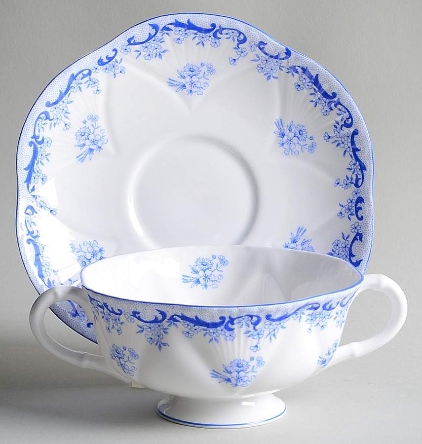 Heavenly Blue (Dainty Shape) Footed Cream Soup Bowl & Saucer Set by Shelley-1