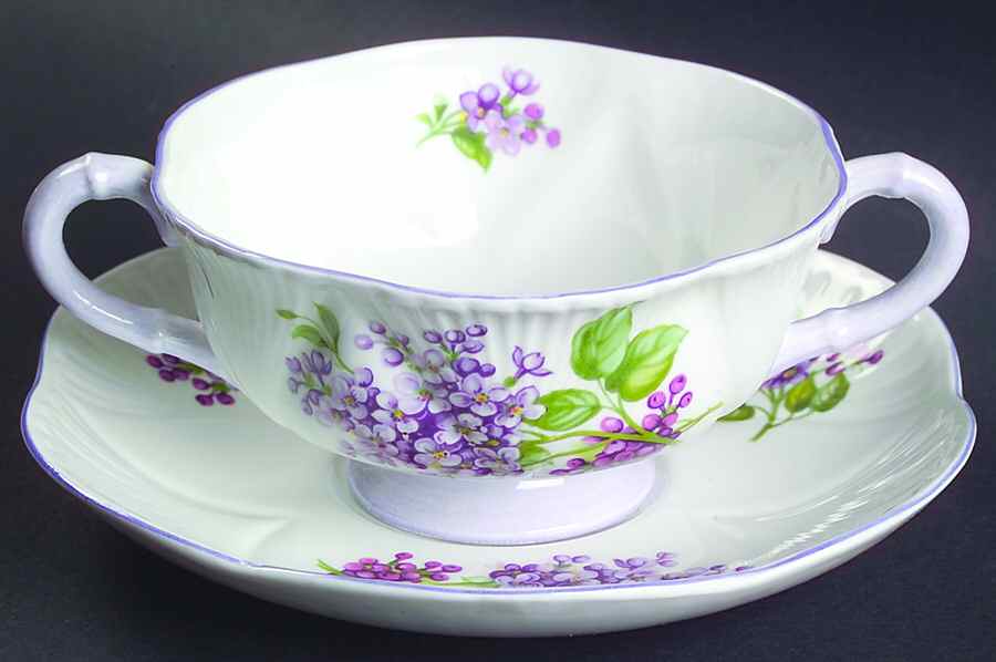 Lilac Time Footed Cream Soup Bowl & Saucer Set by Shelley-1