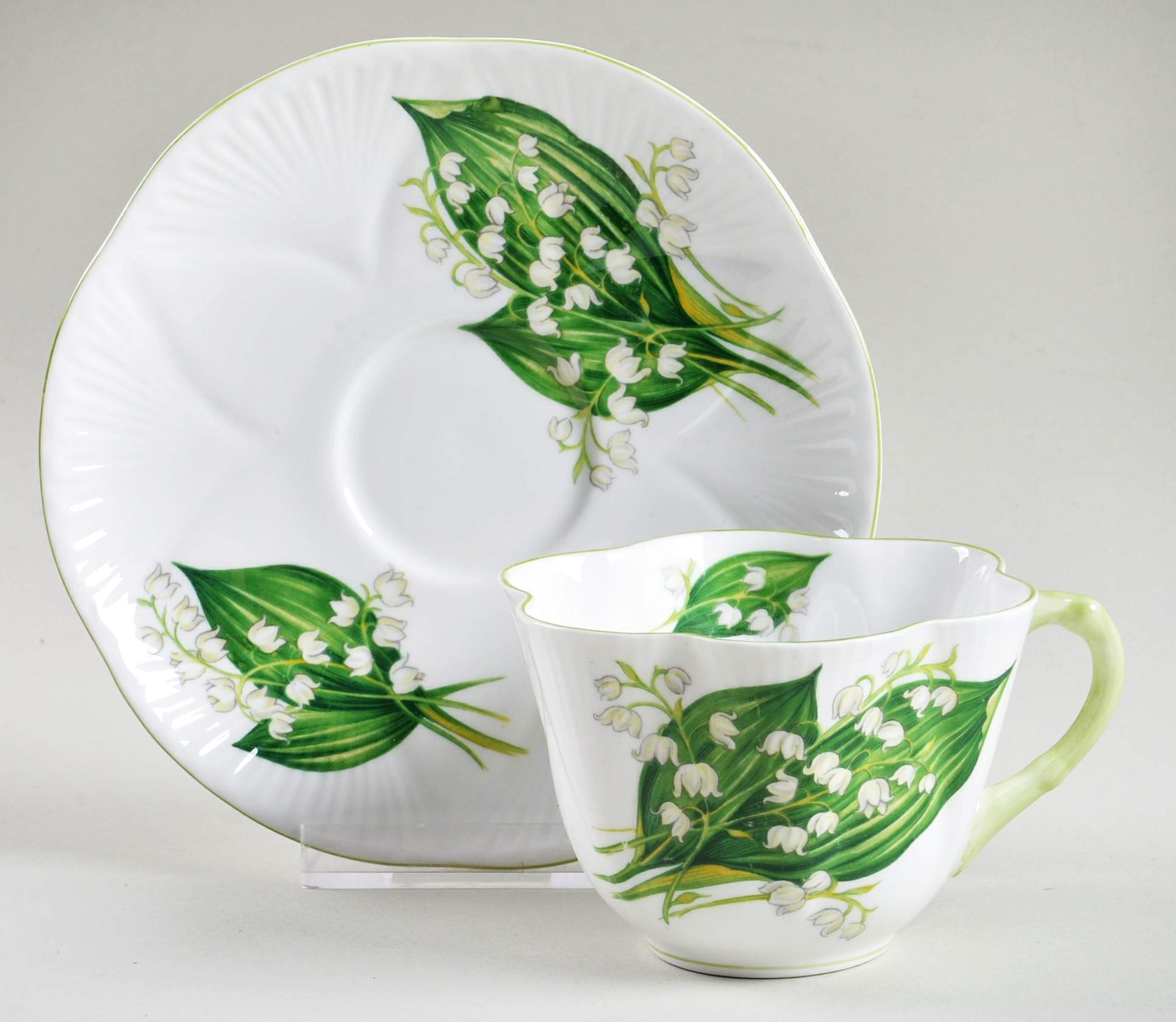 Lily of The Valley (Green Trim, Dainty Shape) Flat Cup & Saucer Set by Shelley-1
