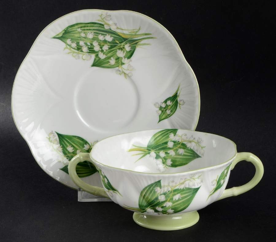 Lily of The Valley (Green Trim, Dainty Shape) Footed Cream Soup Bowl & Saucer Set by Shelley-1