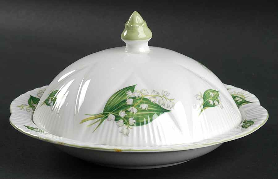 Lily of The Valley (Green Trim, Dainty Shape) Muffin Dish & Lid by Shelley-1