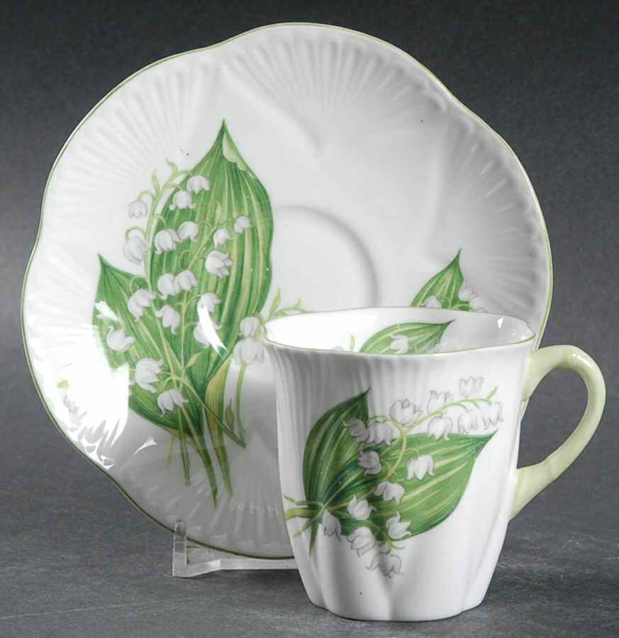 Lily of The Valley (Green Trim, Dainty Shape) Flat Demitasse Cup & Saucer Set by Shelley-1