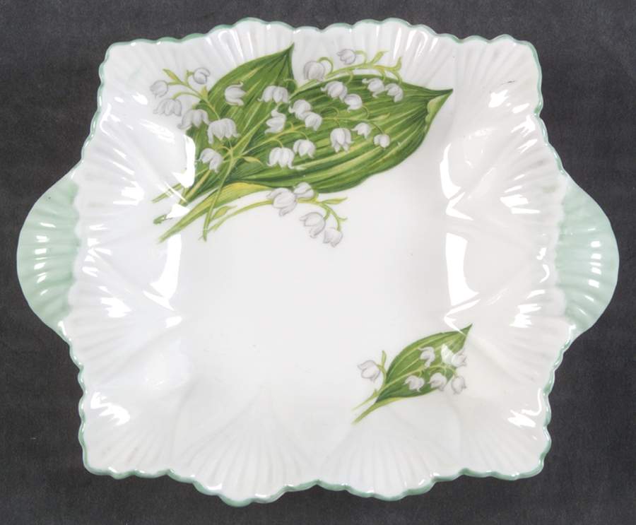 Lily of The Valley (Green Trim, Dainty Shape) 6" Square Sweet Meat by Shelley-1