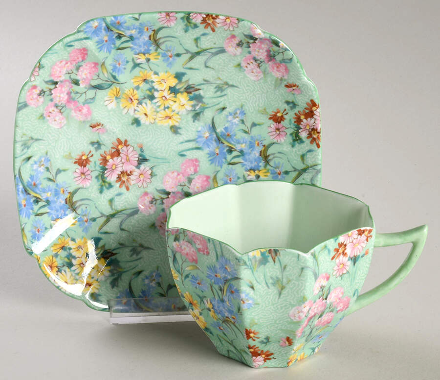 Melody (Henley&New Cambridge Shape, Green) Flat Cup & Saucer Set by Shelley-1