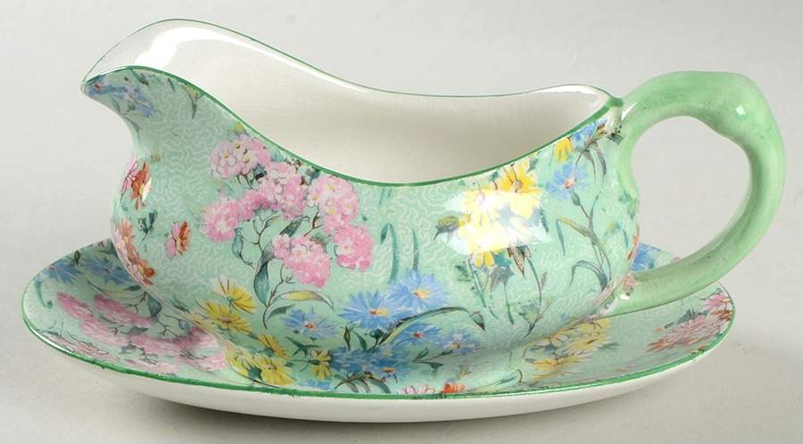 Melody (Henley&New Cambridge Shape, Green) Individual Gravy Boat & Plate by Shelley-1