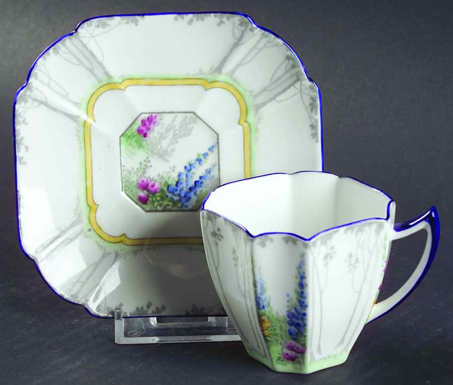 My Garden (Blue Trim) Flat Demitasse Cup & Saucer Set by Shelley-1