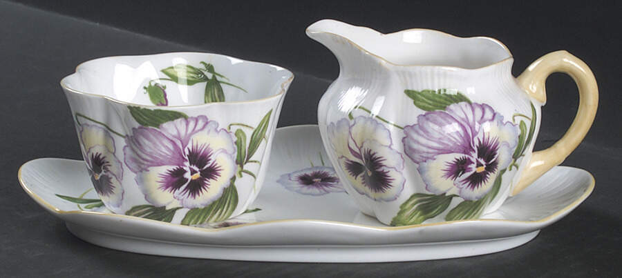 Pansy (Dainty Shape) Mini Creamer & Open Sugar with Tray by Shelley-1