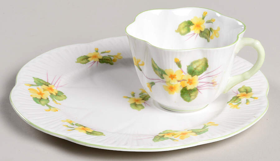 Primrose (Dainty Shape, Green Trim) Snack Plate & Cup Set by Shelley-1