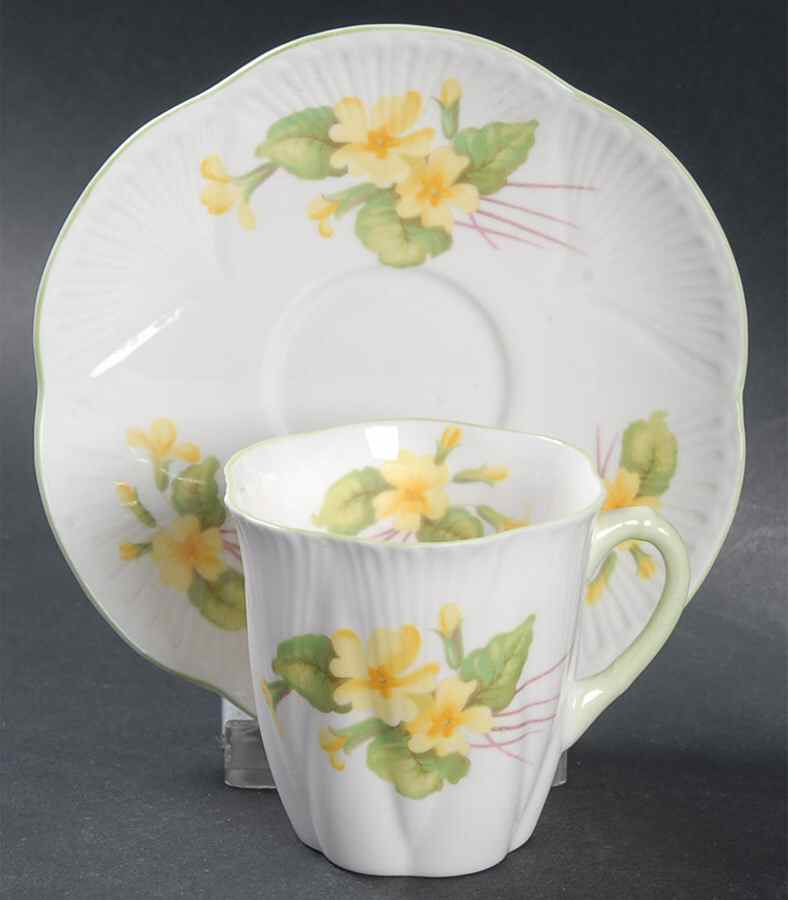 Primrose (Dainty Shape, Green Trim) Flat Demitasse Cup & Saucer Set by Shelley-1