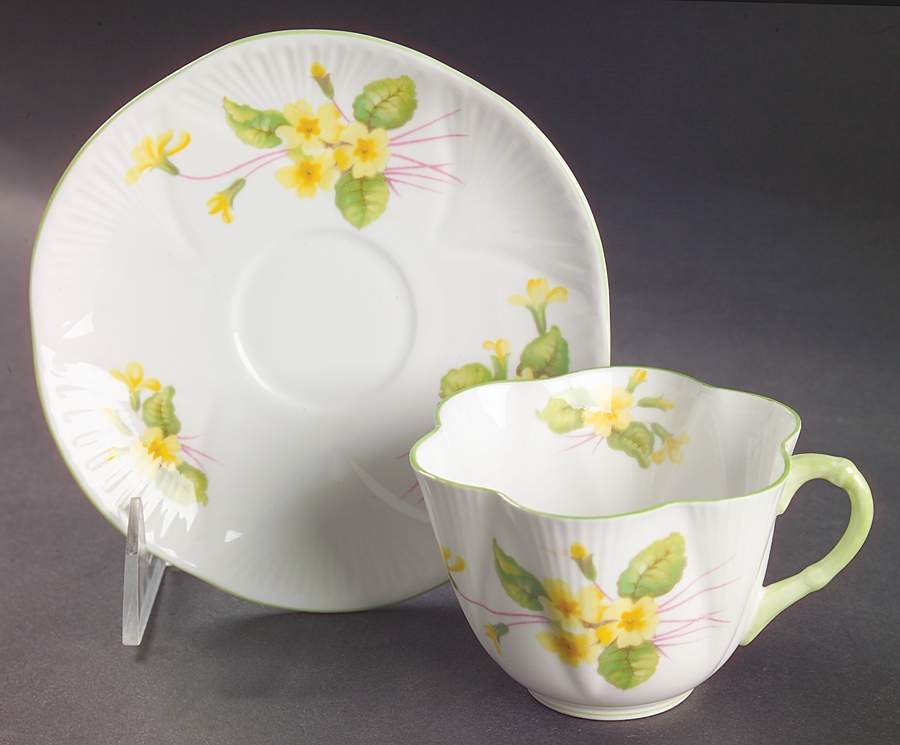 Primrose (Dainty Shape, Green Trim) Flat Cup & Saucer Set by Shelley-1