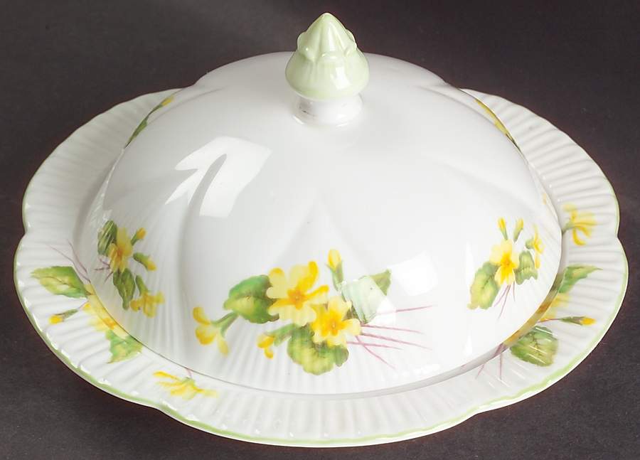 Primrose (Dainty Shape, Green Trim) Round Covered Butter by Shelley-1