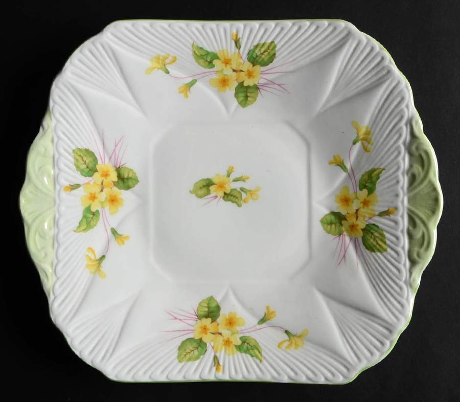 Primrose (Dainty Shape, Green Trim) Square Handled Cake Plate by Shelley-1