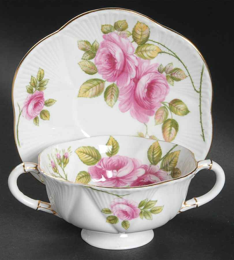 Rambler Rose (Dainty) Footed Cream Soup Bowl & Saucer Set by Shelley-1
