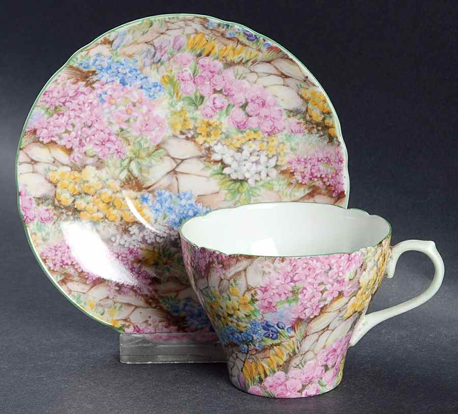 Rock Garden (Green Trim) Flat Demitasse Cup & Saucer Set by Shelley-1