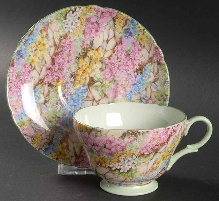 Rock Garden (Green Trim) Footed Cup & Saucer Set by Shelley-1