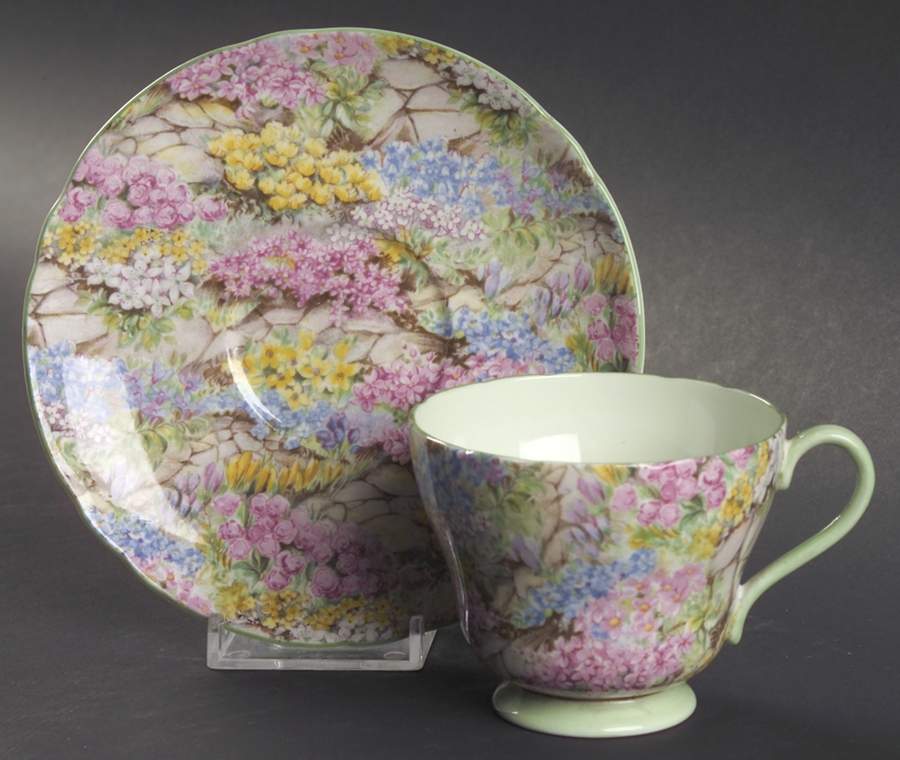 Rock Garden (Green Trim) Footed Cup & Saucer Set by Shelley-1