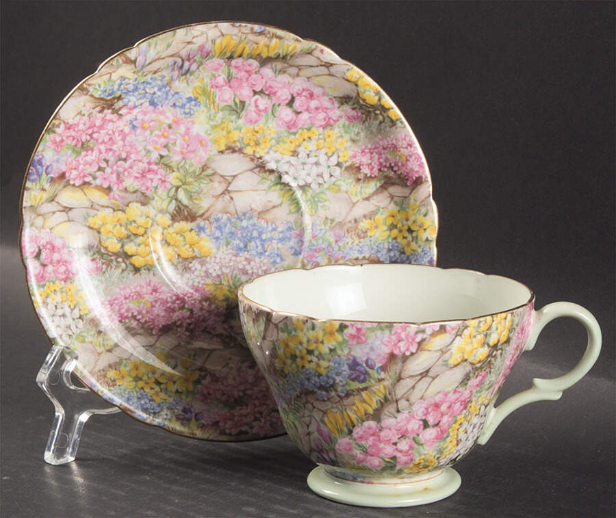 Rock Garden (Gold Trim) Footed Cup & Saucer Set by Shelley-1