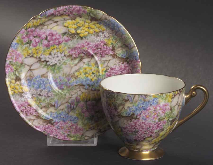Rock Garden (Gold Trim) Footed Cup & Saucer Set by Shelley-1
