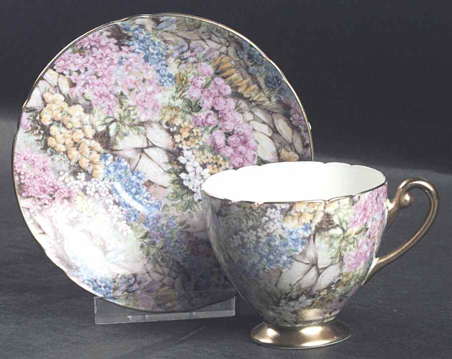 Rock Garden (Gold Trim) Footed Demitasse Cup & Saucer Set by Shelley-1