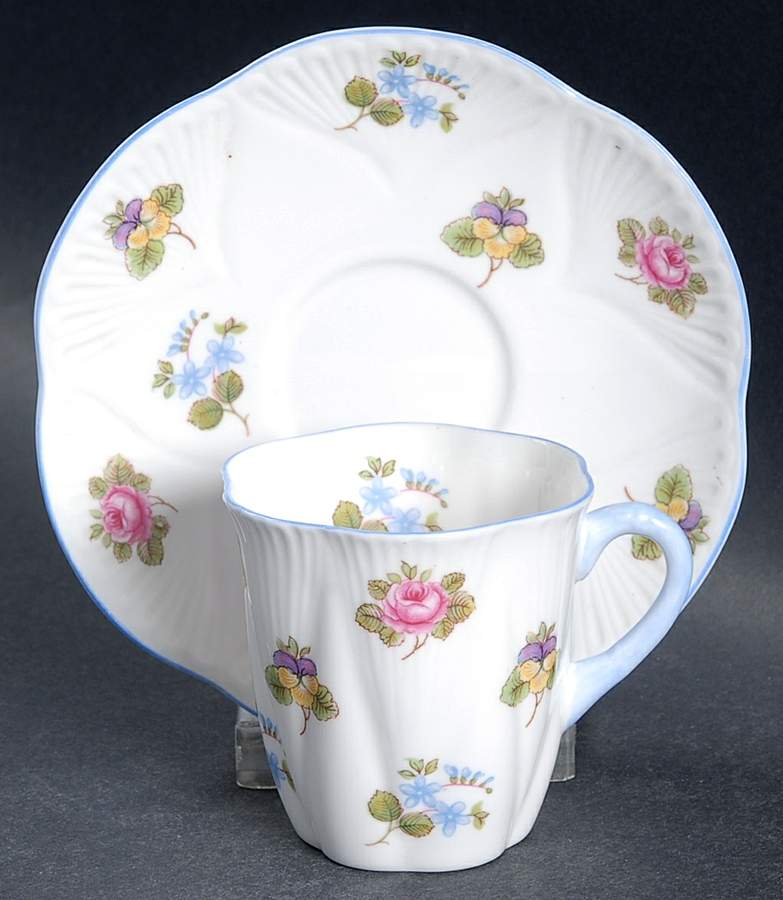 Rose, Pansy, Forget Me Not Flat Demitasse Cup & Saucer Set by Shelley-1