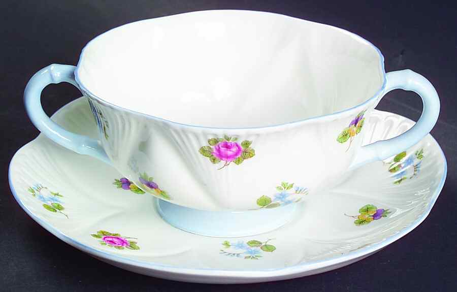 Rose, Pansy, Forget Me Not Footed Cream Soup Bowl & Saucer Set by Shelley-1