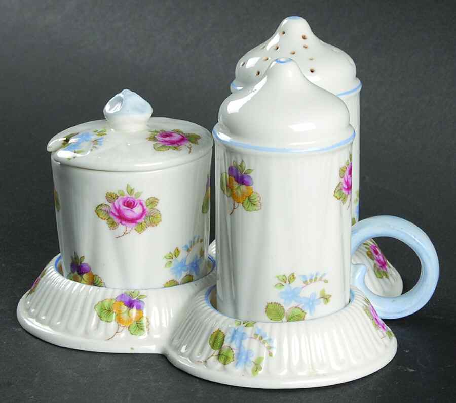 Rose, Pansy, Forget Me Not (5 Pc) Salt & Pepper, Mustard & Lid w/Tray by Shelley-1