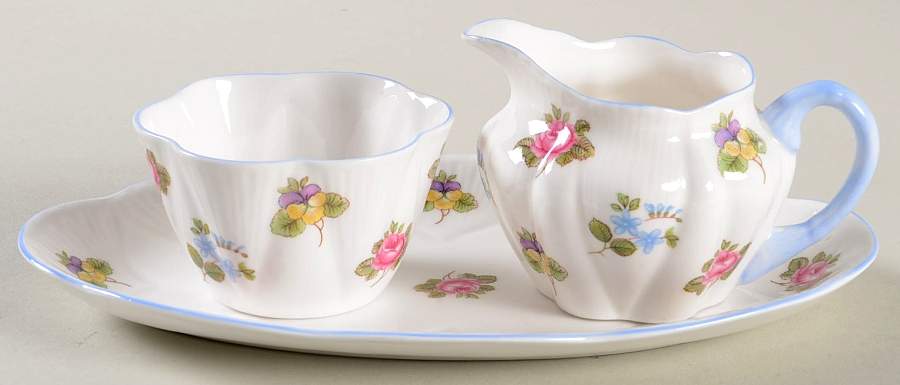 Rose, Pansy, Forget Me Not Mini Creamer & Open Sugar with Tray by Shelley-1