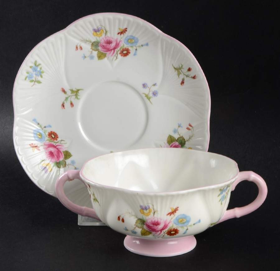 Rose & Red Daisy (Dainty) Footed Cream Soup Bowl & Saucer Set by Shelley-1