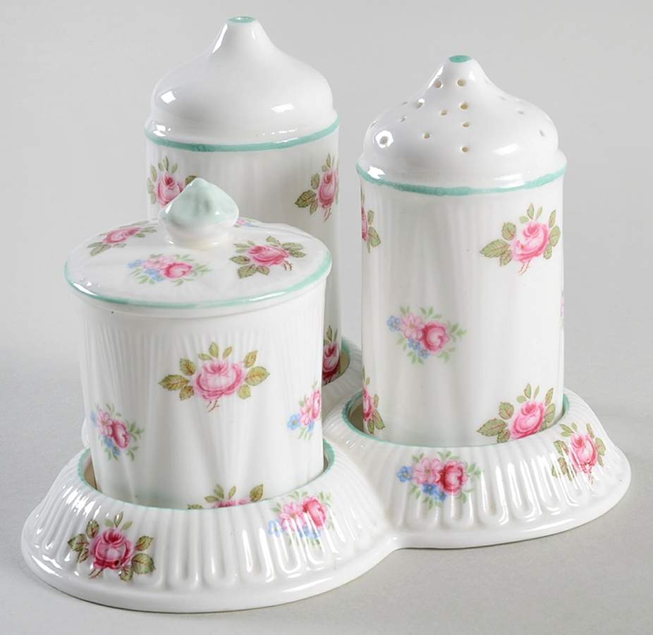 Rosebud (Dainty Shape) Salt & Pepper, Mustard with Lid & Ceramic Tray by Shelley-1