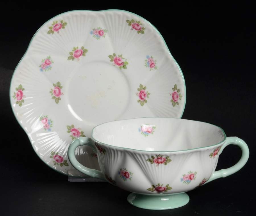 Rosebud (Dainty Shape) Footed Cream Soup Bowl & Saucer Set by Shelley-1