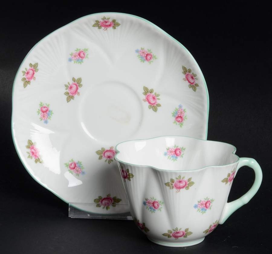 Rosebud (Dainty Shape) Flat Cup & Saucer Set by Shelley-1