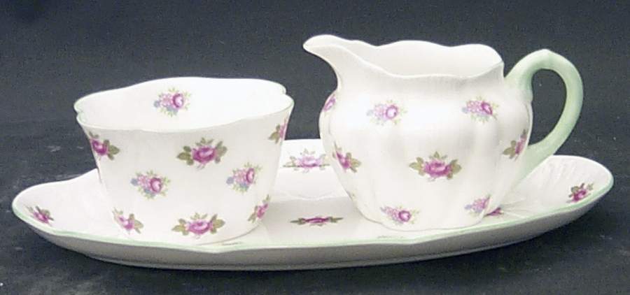 Rosebud (Dainty Shape) Mini Creamer & Open Sugar with Tray by Shelley-1