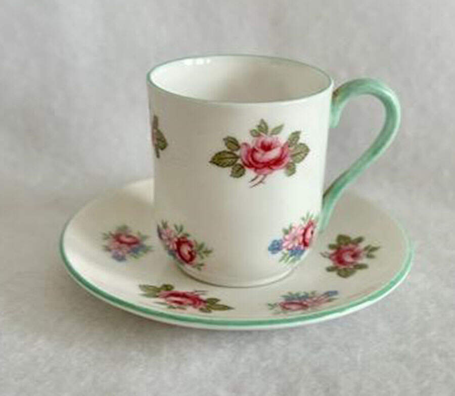 Rosebud (Smooth Edge) Flat Demitasse Cup & Saucer Set by Shelley-1