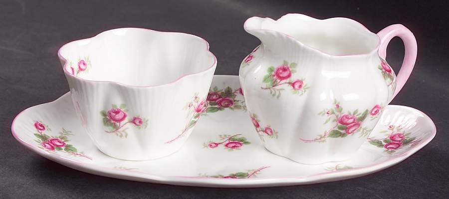 Bridal Rose (Dainty Shape) Individual Creamer & Open Sugar W/Tray by Shelley-1
