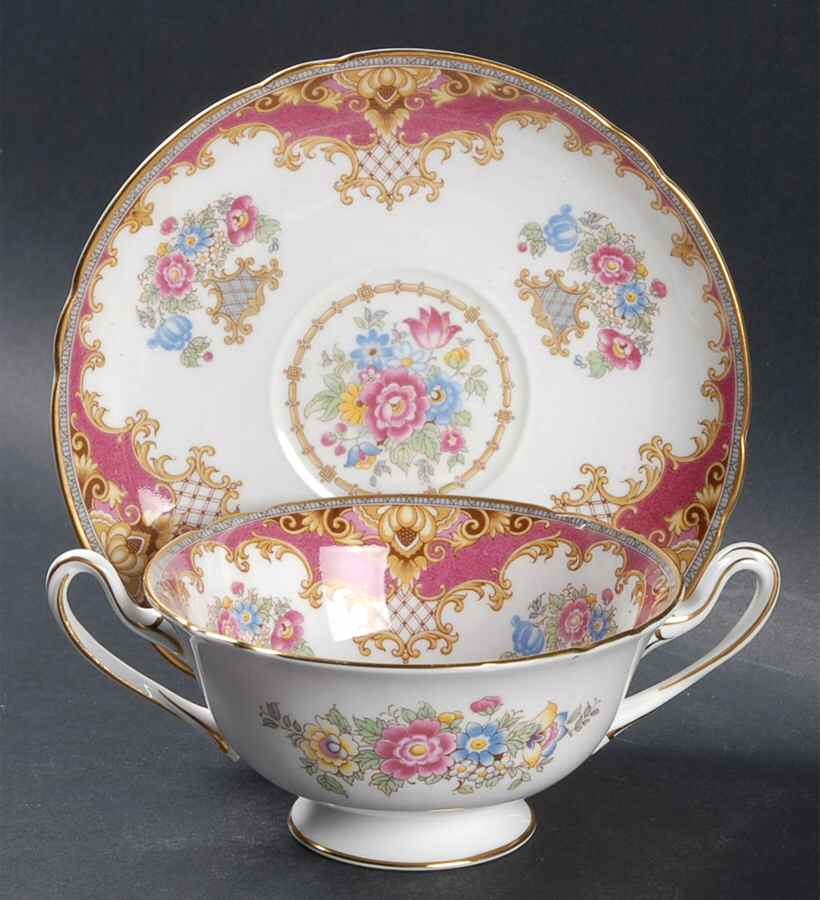 Sheraton Pink (13289, Scalloped) Footed Cream Soup Bowl & Saucer Set by Shelley-1