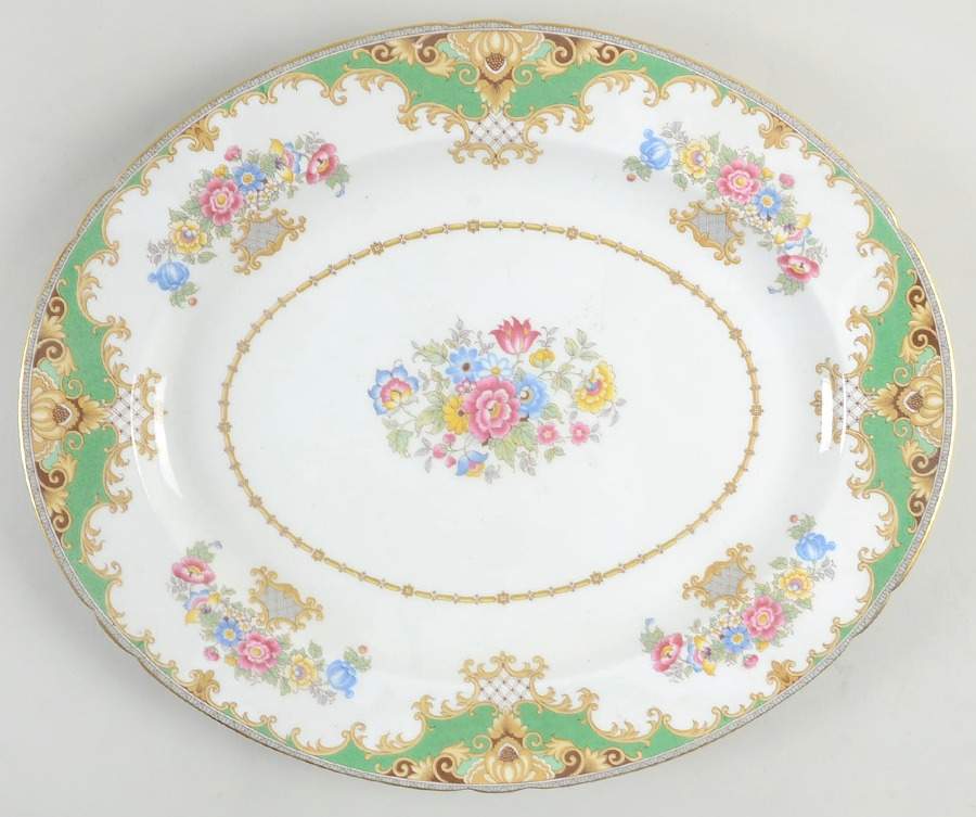 Sheraton Green (Scalloped) 14" Oval Serving Platter by Shelley-1