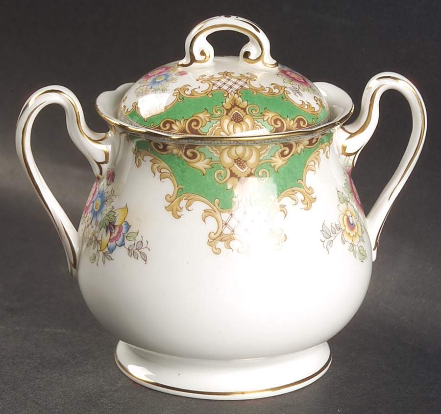 Sheraton Green (Scalloped) Sugar Bowl & Lid by Shelley-1