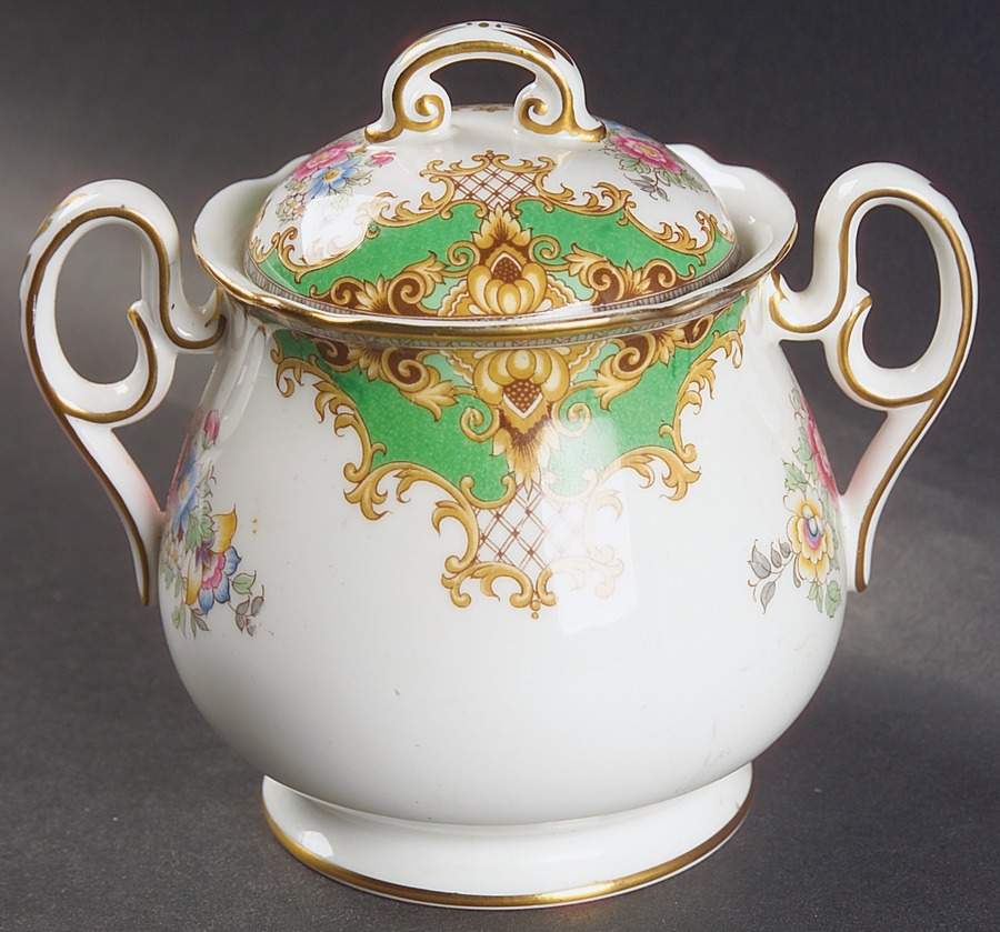 Sheraton Green (Scalloped) Sugar Bowl & Lid by Shelley-1