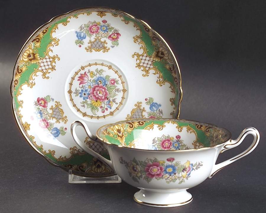 Sheraton Green (Scalloped) Footed Cream Soup Bowl & Saucer Set by Shelley-1
