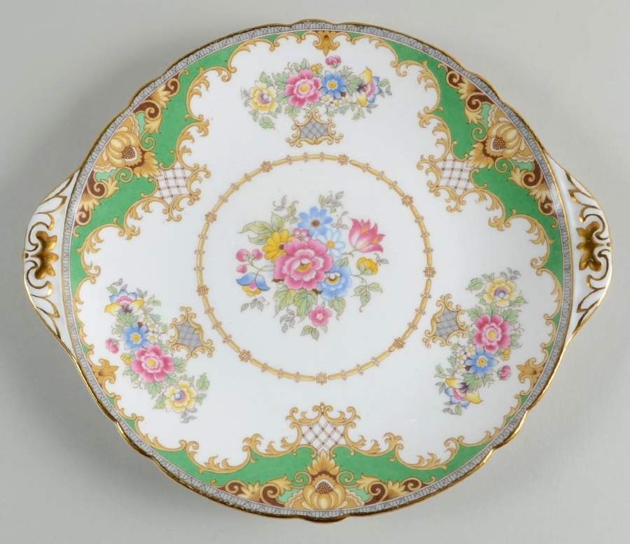 Sheraton Green (Scalloped) Handled Cake Plate by Shelley-1