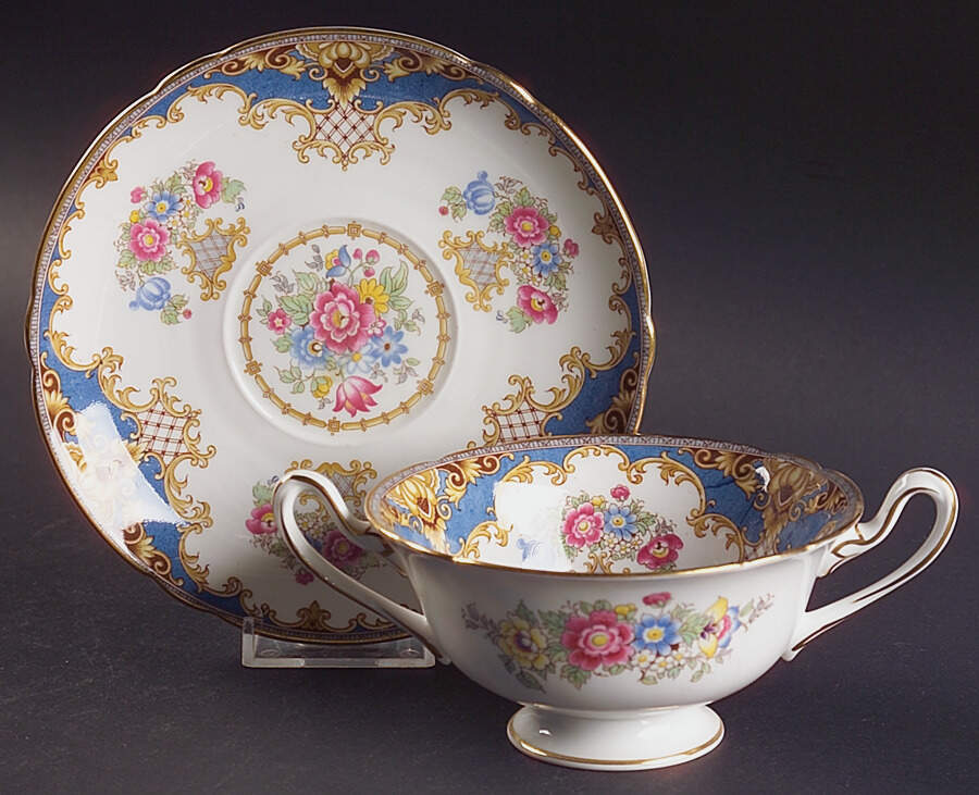 Sheraton Blue (Scalloped) Footed Cream Soup Bowl & Saucer Set by Shelley-1