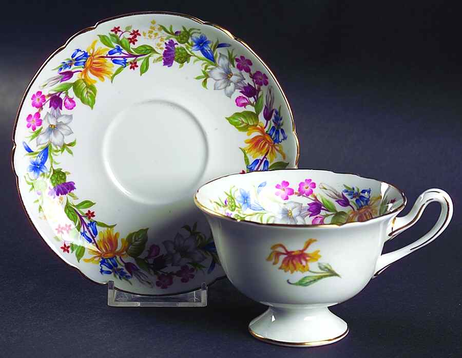 Spring Bouquet (Gainsborough, Scalloped) Footed Cup & Saucer Set by Shelley-1